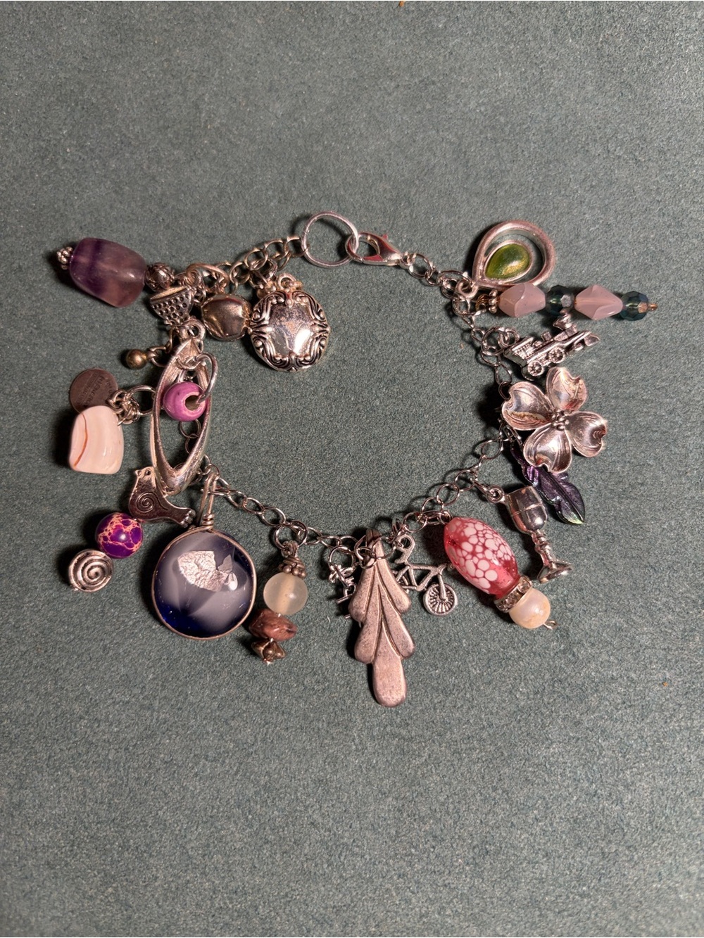 Handmade Repurposed Charm Bracelet with Pink and Purple Accents
